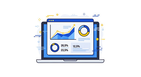 Laptop screen displays a data analytics dashboard showcasing business growth charts and financial insights. It shows investment planning, financial data, and strategic business analysis. Modern technology empowers data-driven decisions, optimizing business performance.の素材