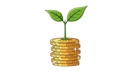 Stack of coins with growing plant symbolizing investment growth and financial development. Represents sustainable business, economic prosperity, and success. Idea visualization for savings, investment returns, and nurturing financial seeds for the future. White backdrop emphasizes the concept.の素材