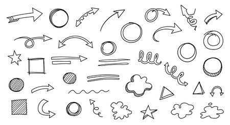 Explore hand drawn doodle elements collection ideal for creative project assets and visual communication resource. Artistic sketch style elements featuring arrows, circles, stars, squares, lines, shapes to decorative designs. Enhance artistic creation with authentic, hand sketched elements. Perfect for adding visual flair to variety of designsの素材