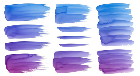 Collection of watercolor brush strokes featuring abstract blue and purple paint streaks with aquarelle texture set. Includes gradient wash elements and artistic brushwork for various design resources. Perfect for hand-painted backgrounds creative projects and artistic illustrations offering unique aesthetic.の素材