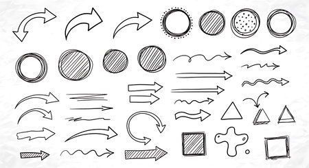 Comprehensive collection of hand drawn arrows and circle elements. This vector set includes variety of sketchy directional arrows, geometric circles, and scribble shapes. Design is versatile for graphic design projects and visual communication needs, adding unique touch.の素材