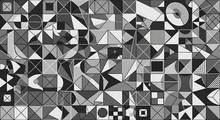 Detailed abstract geometric pattern features complex mosaic of squares, triangles, and circles presented in black and white. Excellent for creating modern backgrounds, innovative designs, and adding architectural touch. Ideal for artistic wallpaper, stylish textiles, and contemporary visual concepts.の素材