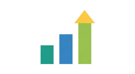 Ascending bar chart shows growth progress and success with arrow pointing upward. Business investment illustration depicts stages of development and achievement. Features green and blue tones against clean white background. Visualization of improvement, expansion, and positive trends in finance or project management.の素材