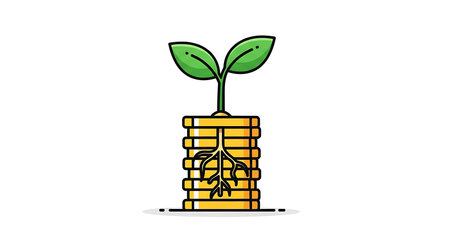 Seedling growth illustration featuring coins sprout root system to symbolize investment financial growth development cultivation. Use for business finance sustainable future design, demonstrating potential cultivation and expansion from initial seed. Use in materials related to finance.の素材
