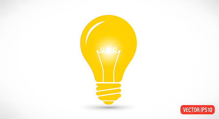 Yellow light bulb icon illustration represents lighting idea and creative solution concept. Simple sign represents inspiration design element minimalist lightbulb. Illustrates brightness and power source is visual representation of idea generation and innovative solutions for design purposes. Concept of creative thinking and problem-solving.の素材