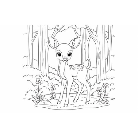Delightful fawn illustration for kids' coloring. Features a cute deer in a woodland scene with trees and flowers, ideal for activity books. Charming animal drawing in forest setting.の素材