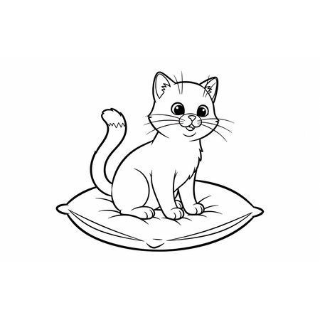 Sweet coloring page for kids. Shows charming cat chilling on soft pillow. Perfect for activity books, offering creative fun with adorable kitten image illustration relaxing.の素材