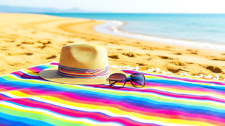 Close up shot of a beach scene with a hat sunglasses and colorful striped towel on the sand near the seaの写真素材