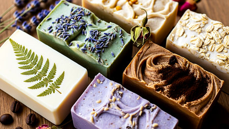 A variety of handcrafted soaps using natural ingredients for a luxurious bathing experience great for spa and wellness centersの写真素材