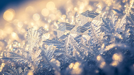 Close up of ice crystals showing their intricate structure on a frosty winter day with beautiful bokeh light shining through themの写真素材