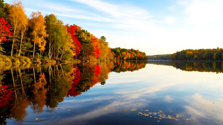 A serene lake reflects the vibrant colors of autumn foliage during a clear day showing trees in peak fall color and tranquil watersの写真素材