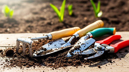 Close up of gardening tools a hand rake small shovel and pruning shears laying on top of the soil prepared for a garden planting projectの写真素材