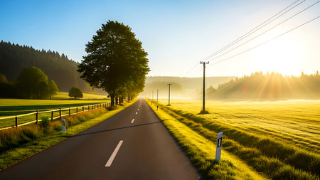A scenic view of a road stretching into the distance during early morning sunlight Mist hangs in the fields and trees line the roadの写真素材