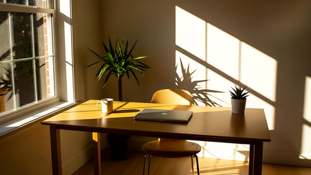 A warm and inviting home office space illuminated by natural sunlight with plants and a closed...