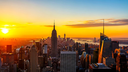 The sun sets over the New York City skyline casting a warm golden glow over the buildings in a beautiful cityscapeの写真素材