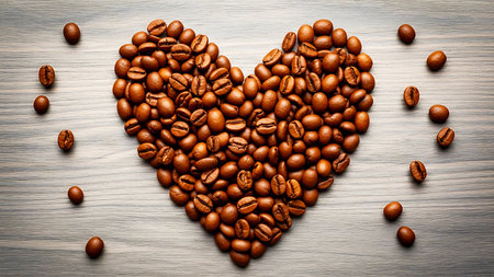 A close up shot of coffee beans arranged in a heart shape on a rustic wood surface symbolizing love for coffeeの写真素材