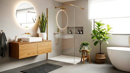 An elegant modern bathroom featuring a sleek design with wooden vanity round mirrors a glass shower...