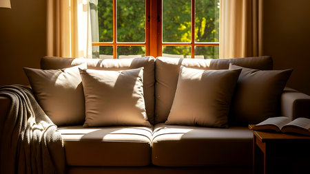 A comfortable sofa with pillows and a throw blanket sits near a window overlooking green trees casting sunlight across the sceneの写真素材