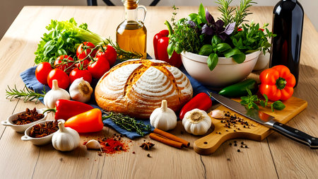 An assortment of fresh raw food including vegetables herbs bread olive oil wine and spices arranged on a wooden table for cookingの写真素材