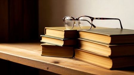 A pile of vintage hardcover books sits on a rustic wooden shelf with eyeglasses on top suggesting...