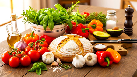 Fresh healthy organic food ingredients assortment on a wooden table still life featuring bread vegetables and herbs for cooking and nutritionの写真素材