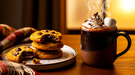 Delicious chocolate chip cookies and a steaming mug of hot chocolate with whipped cream and marshmallow create a cozy atmosphereの写真素材