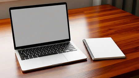 A modern laptop and a closed spiral notebook are arranged on a glossy wooden desk offering a clean workspace for productivity and creativityの写真素材