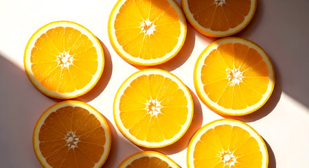 Delicious and vibrant sliced oranges arranged on a clean white surface offering a refreshing and healthy snacking option perfect for a bright sunny dayの写真素材