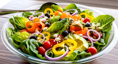 A vibrant and nutritious salad featuring a medley of fresh vegetables such as lettuce tomatoes onions and peppers mixed with feta cheese offering a healthy meal optionの写真素材