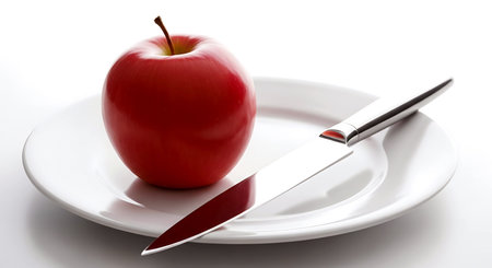 A vibrant red apple sits on a clean white plate next to a sharp knife suggesting a healthy snack or meal preparation conceptの写真素材
