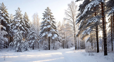 A serene winter scene showcasing snow laden pine trees in a tranquil forest environment on a bright dayの写真素材