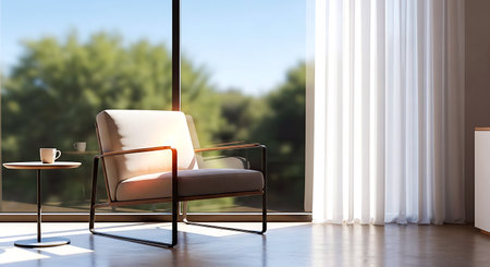 A modern armchair sits in a sunlit room next to a window with a coffee cup on a side table offering a peaceful and inviting atmosphereの写真素材