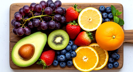 An overhead shot displays a colorful assortment of fresh fruits arranged on a wooden cutting board The fruits include blueberries strawberries grapes kiwi oranges lemon avocado and mintの写真素材