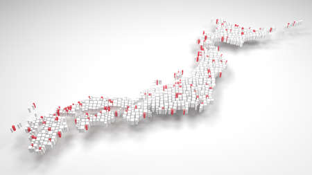 Map of Japan - Asia | 3d render: mosaic of little bricks - Flag colorsの写真素材