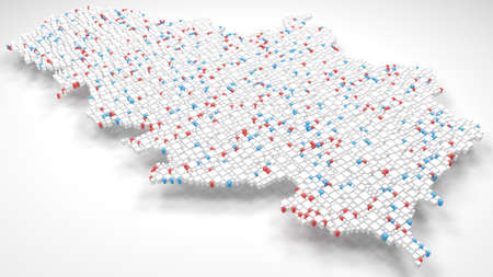 3D Map of  Serbia - Europe | 3d Rendering, mosaic of little bricks - White and flag colors. A number of 3683 little boxes are accurately inserted into the mosaicの写真素材