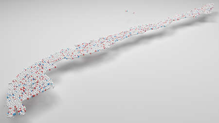 3D Map of Chile - Latin America  | 3d Rendering, mosaic of little bricks - White and flag colors. A number of 4326 little boxes are accurately inserted into the mosaicの写真素材