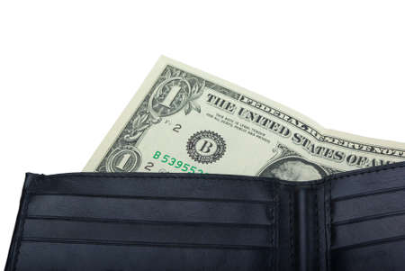One dollar in a wallet on a white background