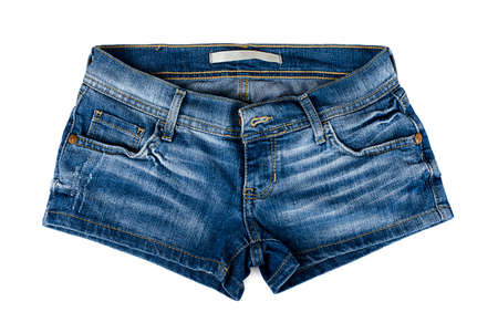 Blue female jean shorts on a white backgroundの写真素材