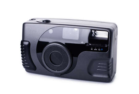 Black compact film camera isolated on white background