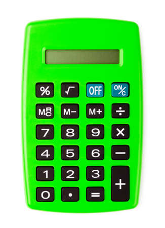 Green office calculator isolated on white background, device for calculating the numbers