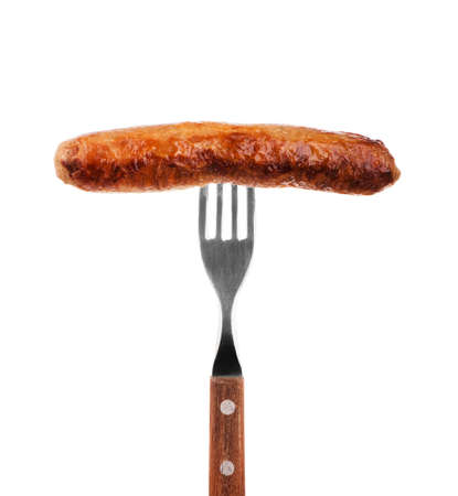 Grilled sausage, prick on a fork, isolated on a white backgroundの写真素材