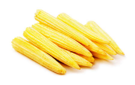 Heap of young baby corn isolated on a white backgroundの写真素材