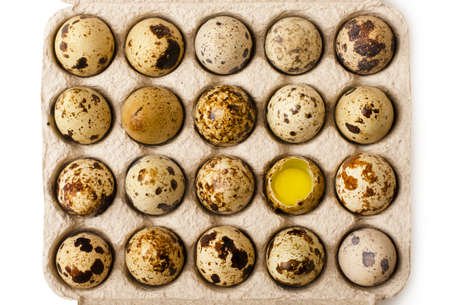 Quail eggs with one broken in cardboard packaging top view isolated on a white background