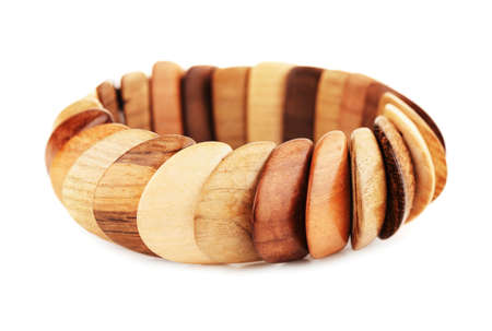 Wooden round bracelet isolated on a white backgroundの写真素材