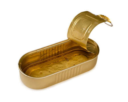 Empty dirty open tin can for fish isolated on a white background