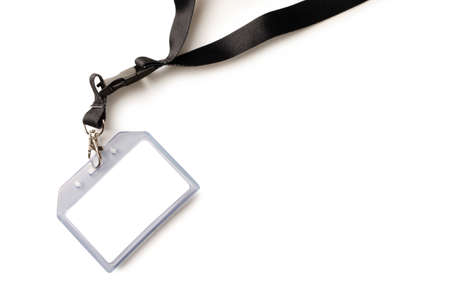 Empty ID card badge with black belt, on a white background. Space for text, staff identity name tag...
