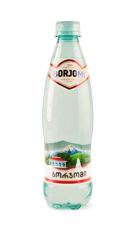 RUSSIA, MOSCOW - MAY 10, 2019 : Plastic bottle of Borjomi sparkling popular water isolated on a white background. BORJOMI is born in Georgia.の写真素材