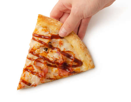 Pand holding slice pizza isolated on white background