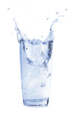 Ice cubes splashing into glass of water, for design mockup isolated on white background