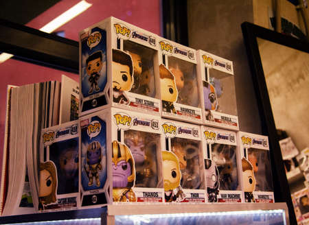 Moscow, Russia - July 27, 2019: Funko POP! Avengers toys on display for sale in the store.のeditorial素材